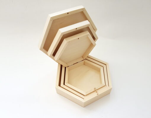 Set 3 cutii lemn formă hexagonală blank
