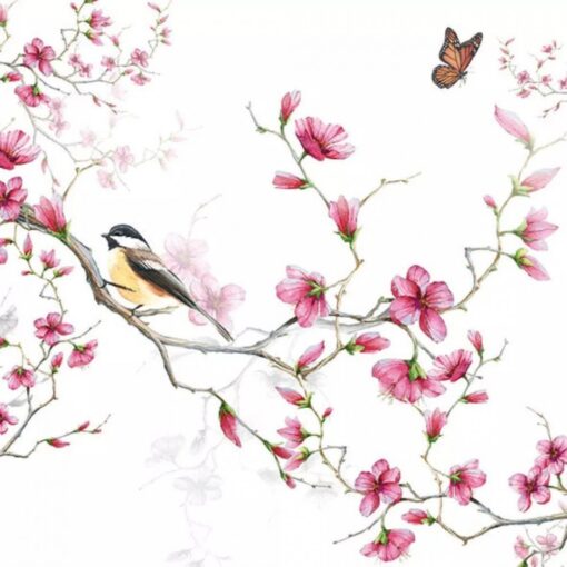 Șervețel – Bird & Blossom White – 33×33 cm