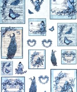 Hârtie de orez – DECOMANIA – Păsări si flori albastre– 35×50 cm