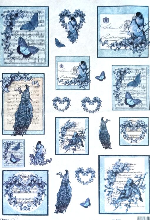 Hârtie de orez – DECOMANIA – Păsări si flori albastre– 35×50 cm 1