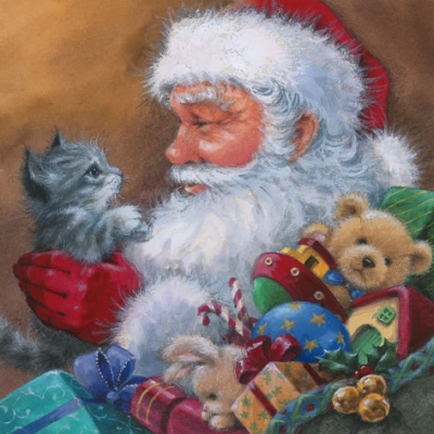 Șervețel - Santa with Kitten- 33x33 cm 1 Șervețel - Santa with Kitten- 33x33 cm