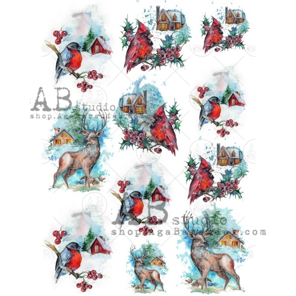 Hârtie de orez - Deer with Red Cardinal - A4 1 Hârtie de orez - Deer with Red Cardinal - A4