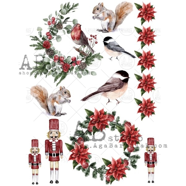 Hârtie de orez - Poinsettia Wreath 1 - A4 1 Hârtie de orez - Poinsettia Wreath 1 - A4