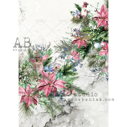 Hârtie de orez - Poinsettia and Berries - A4 1