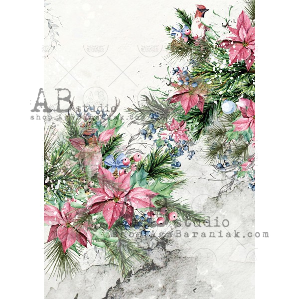 Hârtie de orez - Poinsettia and Berries - A4 1 Hârtie de orez - Poinsettia and Berries - A4