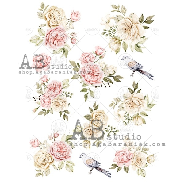 Hârtie de orez - Bird and Roses - A4 1 Hârtie de orez - Bird and Roses - A4