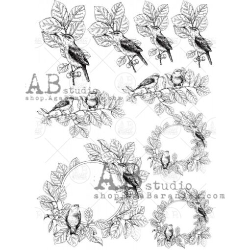 Hârtie de orez - Bird sitting on branches - A4  1