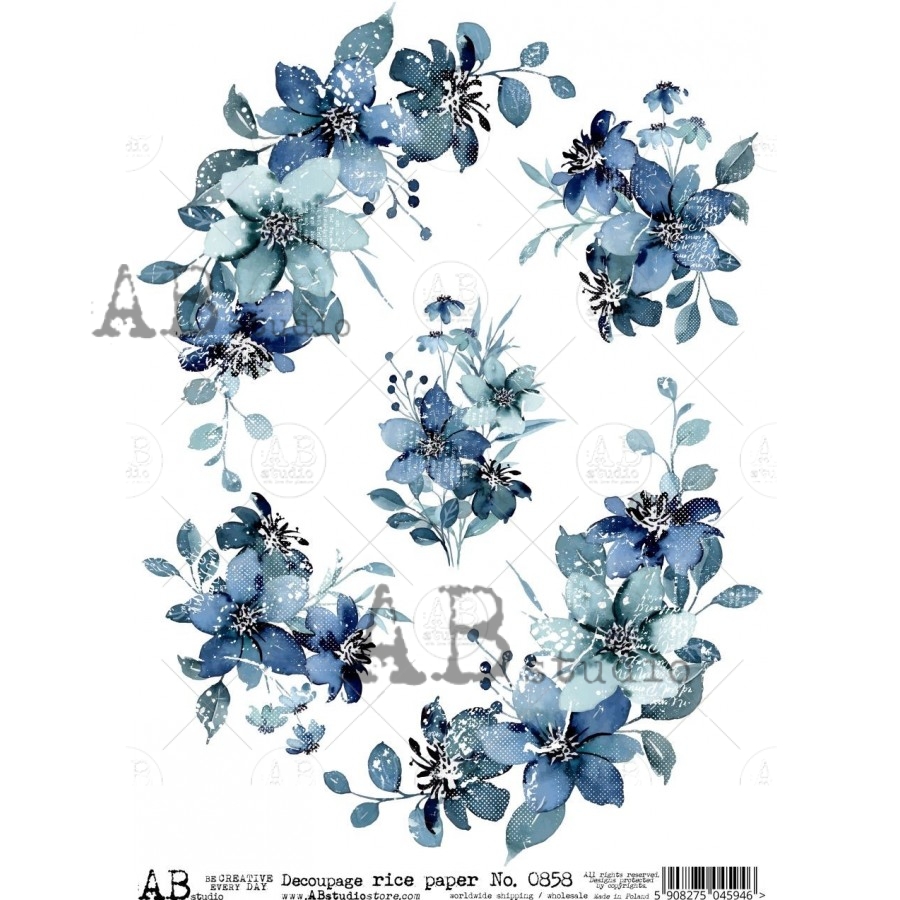 Hârtie de orez - Blue Flowers - A4 1 Hârtie de orez - Blue Flowers - A4