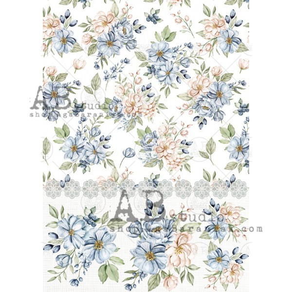 Hârtie de orez - Blue Flowers - A4 1 Hârtie de orez - Blue Flowers - A4
