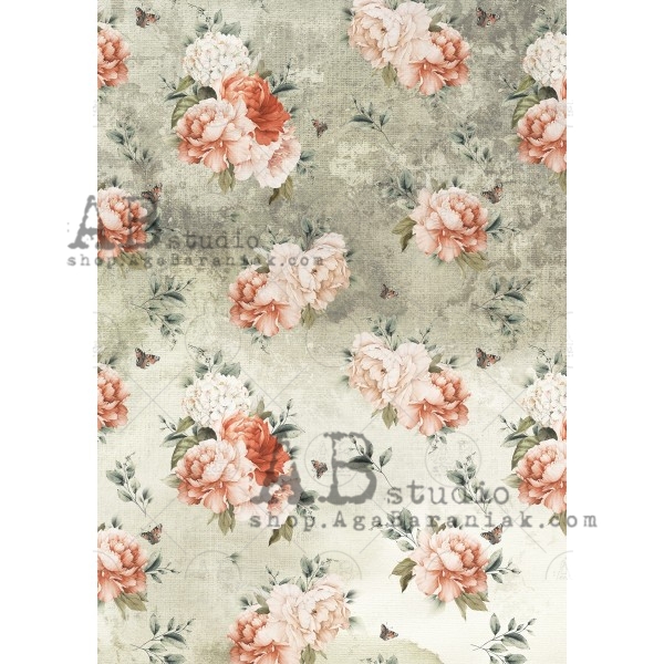 Hârtie de orez - Peonies Green - A4 1 Hârtie de orez - Peonies Green - A4