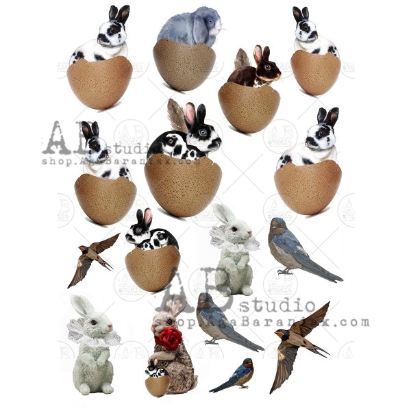 Hârtie de orez - Rabbits and Swallows - A4 1 Hârtie de orez - Rabbits and Swallows - A4