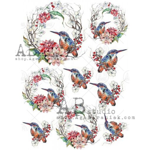 Hârtie de orez - Wreath with Bird - A4 1