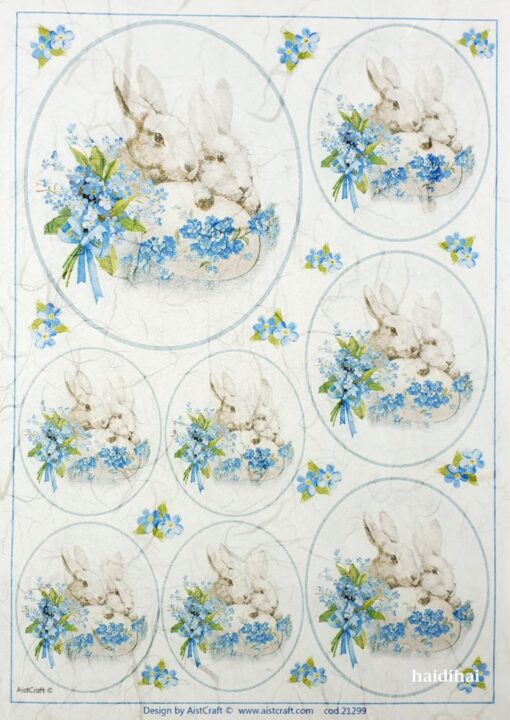 Hârtie de orez - Rabbits and Blue Flowers - A4 1