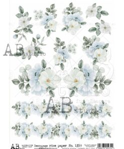 Hârtie de orez - Pastel Blue Bouquets - A4