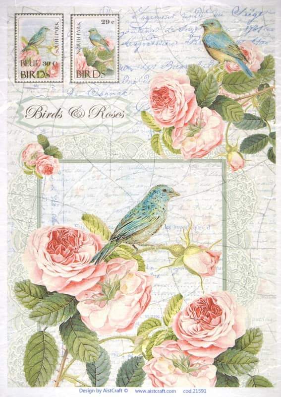 Hârtie de orez - Birds & Roses - A4 1 Hârtie de orez - Birds & Roses - A4