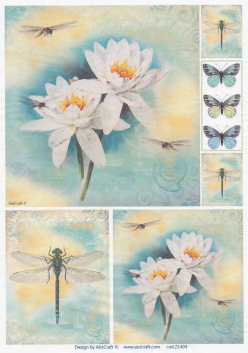 Hârtie de orez - Waterlily and Dragonflies - A4 1