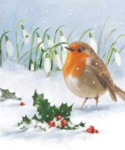 Șervețel - Robin, Holly & Snowdrops - 33x33 cm