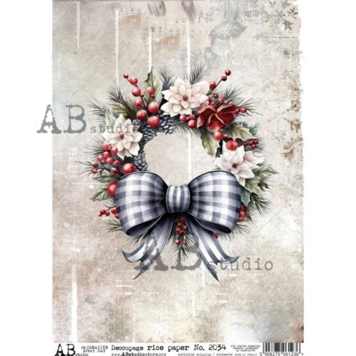 Hârtie de orez – Christmas Wreath with a Bow - A4 1