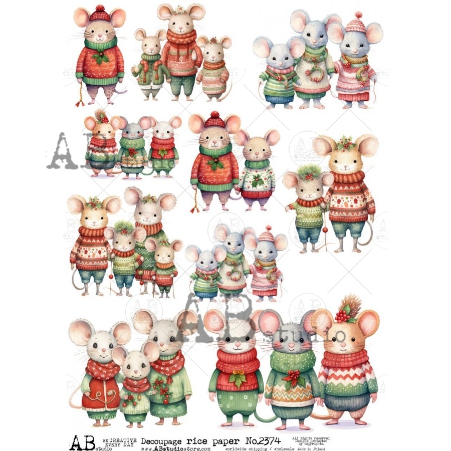 Hârtie de orez - Christmas Mouse Familly - A4 1 Hârtie de orez - Christmas Mouse Familly - A4