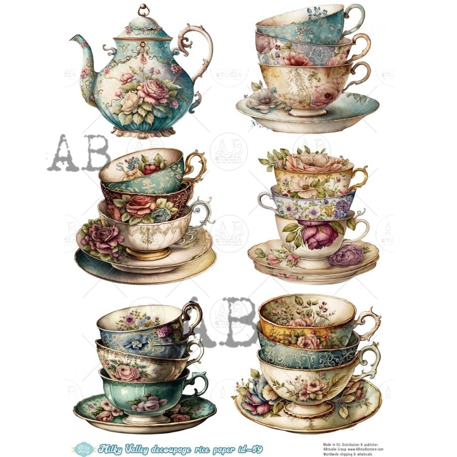 Hârtie de orez - Floral tea pot - A4 1 Hârtie de orez - Floral tea pot - A4