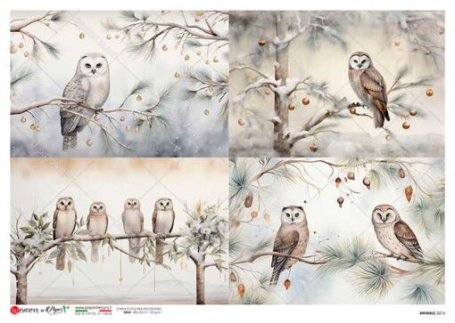 Hârtie de orez - Winter owls - 4 - A4 1