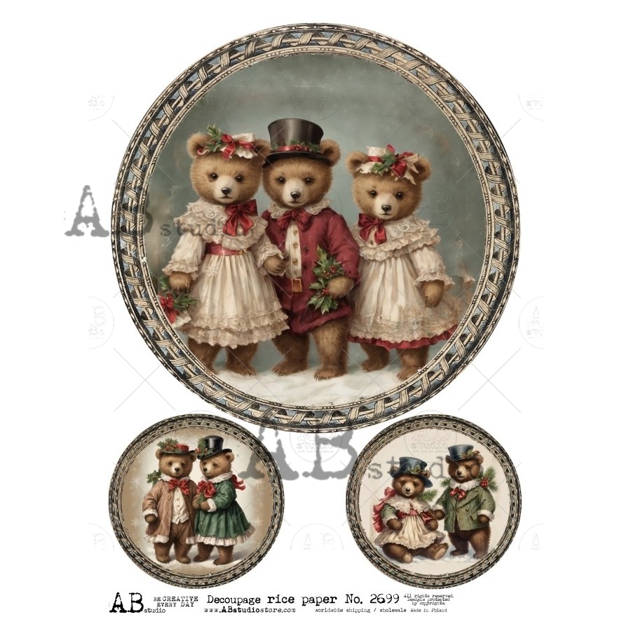 Hârtie de orez - Christmas Teddy Medallions 2 - A4 1 Hârtie de orez - Christmas Teddy Medallions 2 - A4