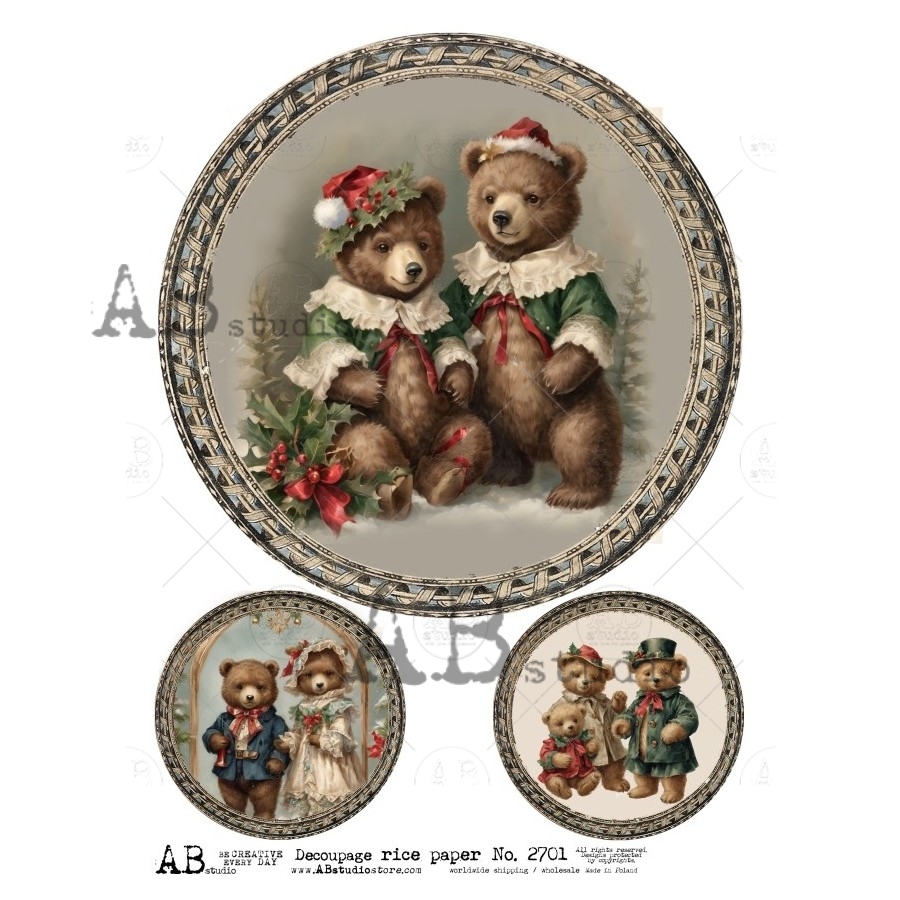Hârtie de orez - Christmas Teddy Medallions - A4 1 Hârtie de orez - Christmas Teddy Medallions - A4