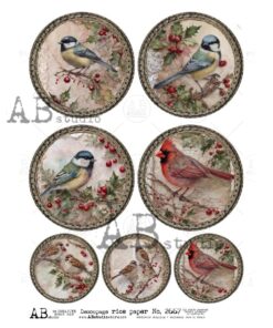 Hârtie de orez - Medallions with Winter Birds 2 - A4
