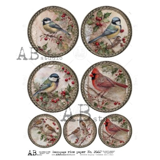 Hârtie de orez - Medallions with Winter Birds 2 - A4 1