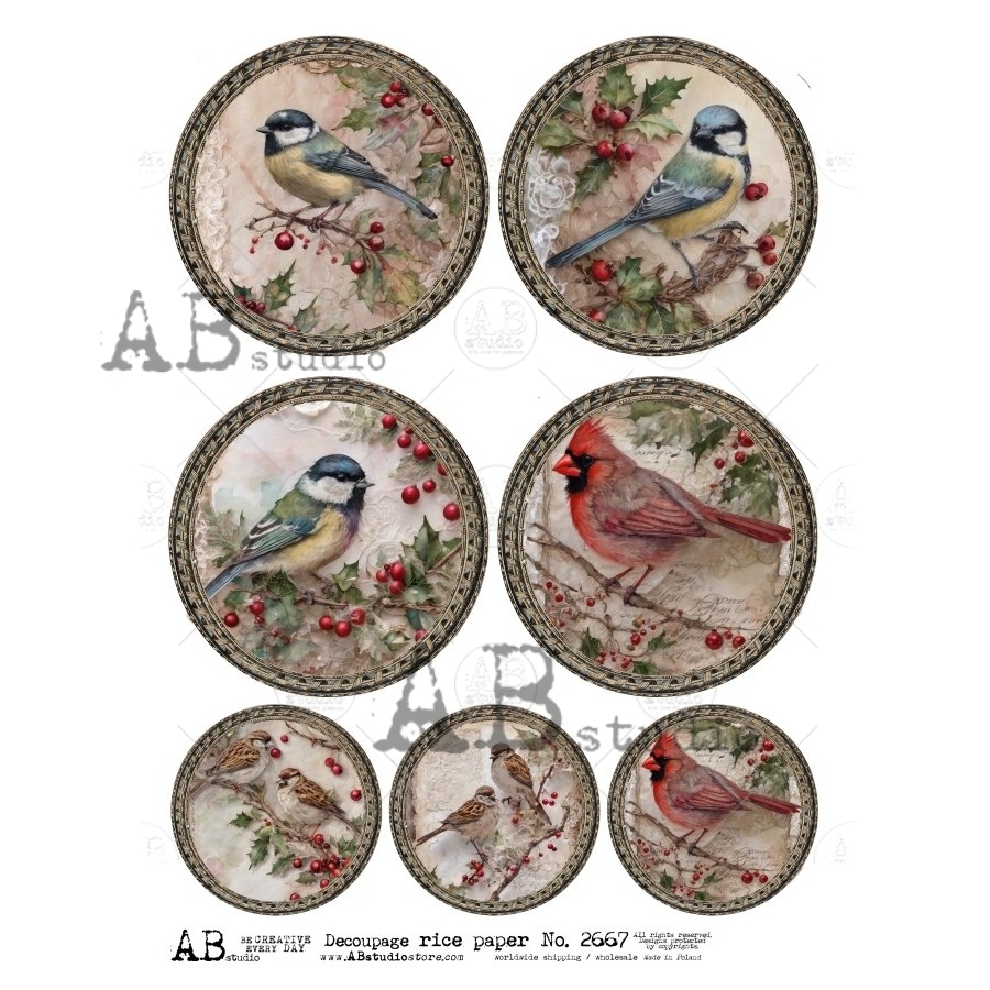Hârtie de orez - Medallions with Winter Birds 2 - A4 1 Hârtie de orez - Medallions with Winter Birds 2 - A4