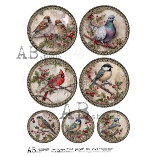 Hârtie de orez - Medallions with Winter Birds - A4 1