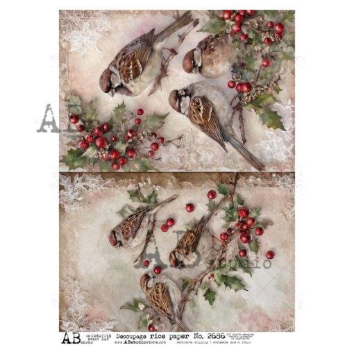 Hârtie de orez - Sparrows and Ilex - A4 1