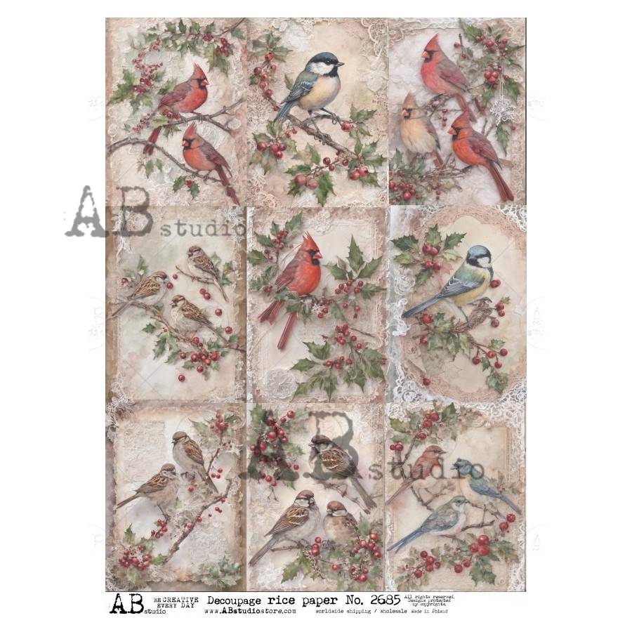 Hârtie de orez - Sparrows and Red Cardinals - A4 1 Hârtie de orez - Sparrows and Red Cardinals - A4