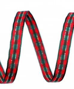 Panglică în carouri cu fir lame - lățime 6 mm - roșu - auriu