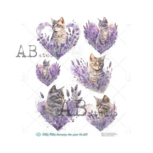 Hârtie de orez - Cute Cat Lavender - A4 1