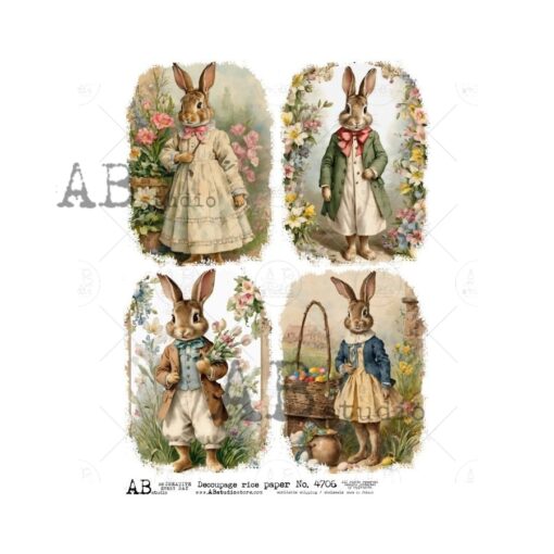 Hârtie de orez - Rabbits and Flowers - A4 1