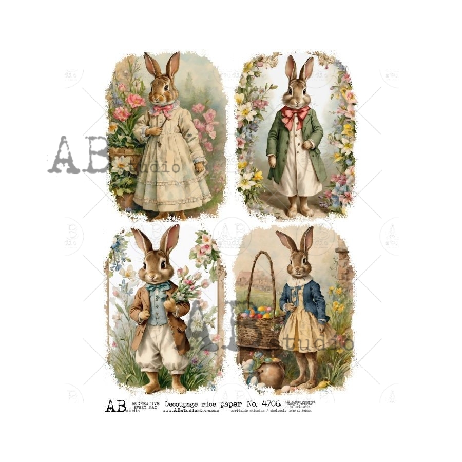 Hârtie de orez - Rabbits and Flowers - A4 1 Hârtie de orez - Rabbits and Flowers - A4