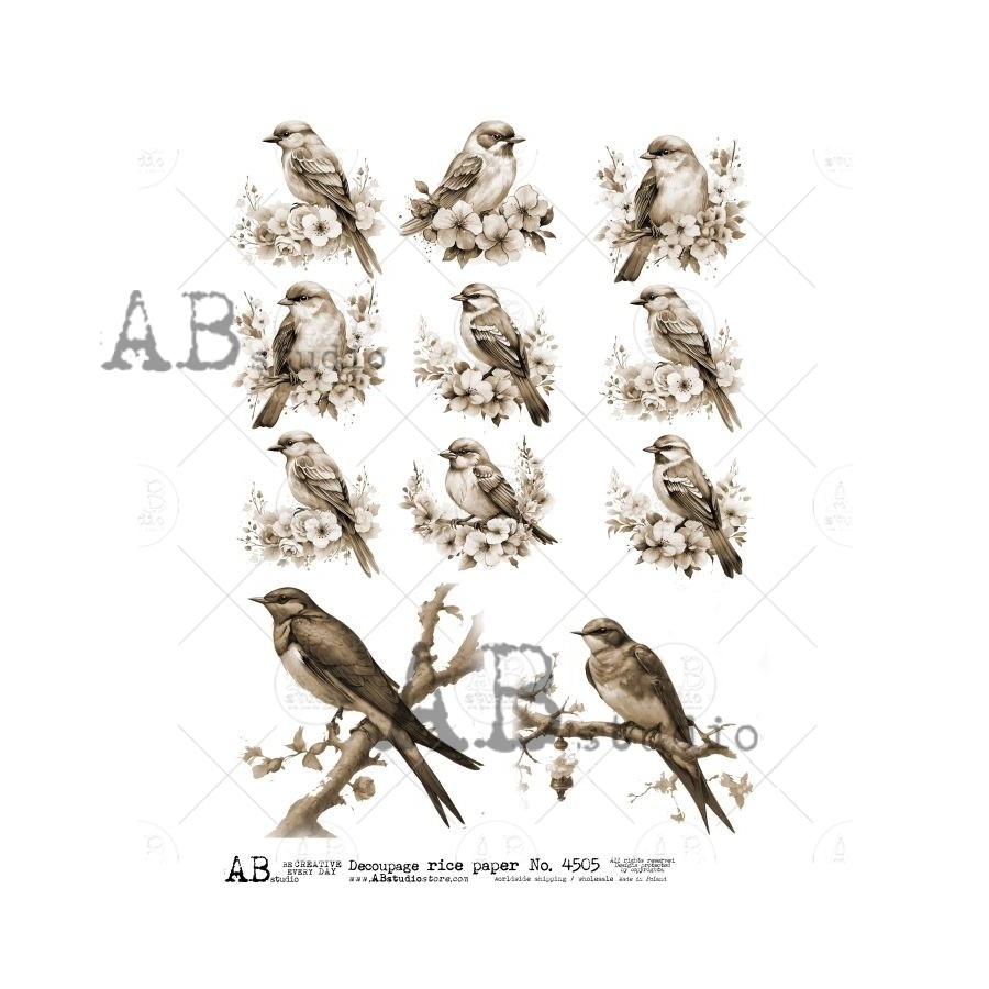 Hârtie de orez - Sepia Birds spring - A4 1 Hârtie de orez - Sepia Birds spring - A4