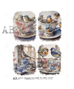 Hârtie de orez - Tea Cups and Birds - A4