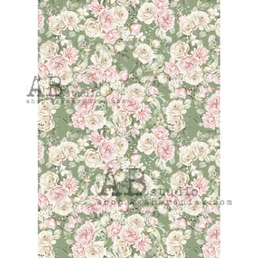 Hârtie de orez - Wallpaper green and roses - A4 1