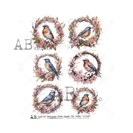 Hârtie de orez - Wreath birds theme - A4 1