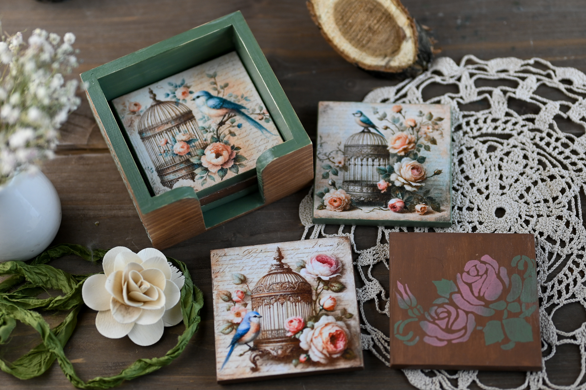 Hârtie de orez - Retro Roses and Birds - A4 2 Hârtie de orez - Retro Roses and Birds - A4 - imagine 2