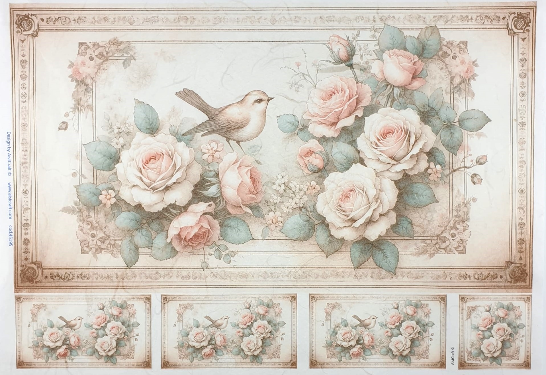 Hârtie de orez - Retro Roses and Birds 2 - 32x45 cm 1 Hârtie de orez - Retro Roses and Birds 2 - 32x45 cm