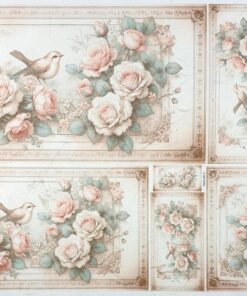 Hârtie de orez - Retro Roses and Birds - 32x45 cm