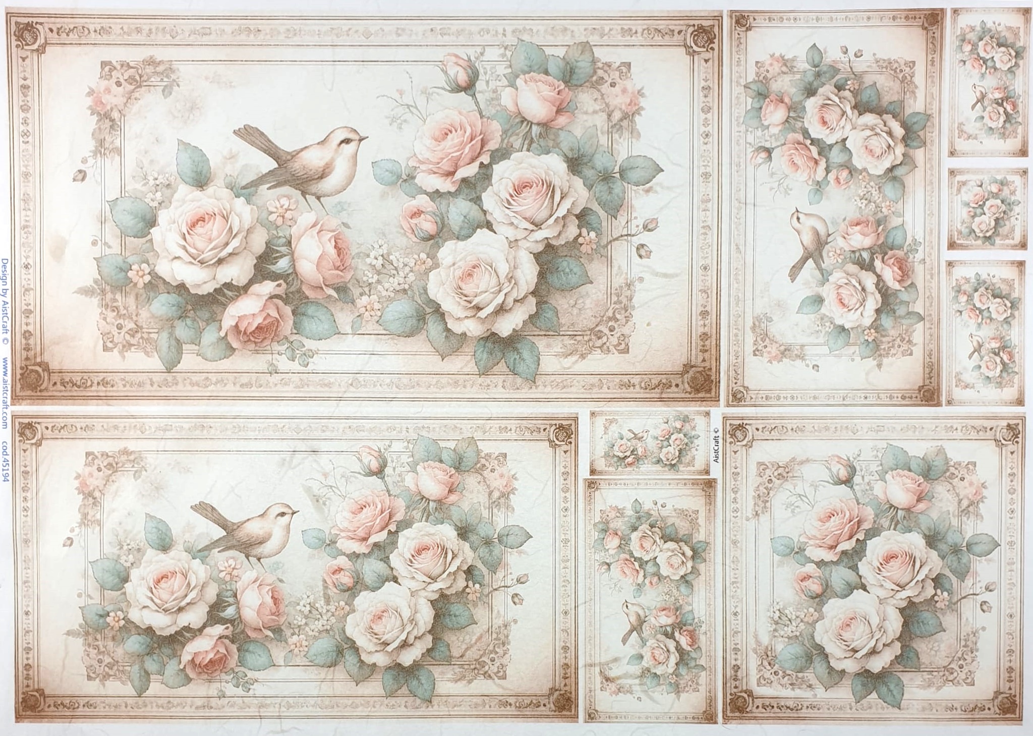 Hârtie de orez - Retro Roses and Birds - 32x45 cm 1 Hârtie de orez - Retro Roses and Birds - 32x45 cm