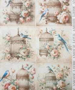 Hârtie de orez - Retro Roses and Birds - A4