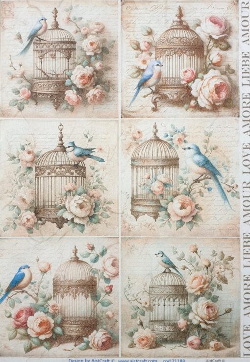 Hârtie de orez - Retro Roses and Birds - A4 1