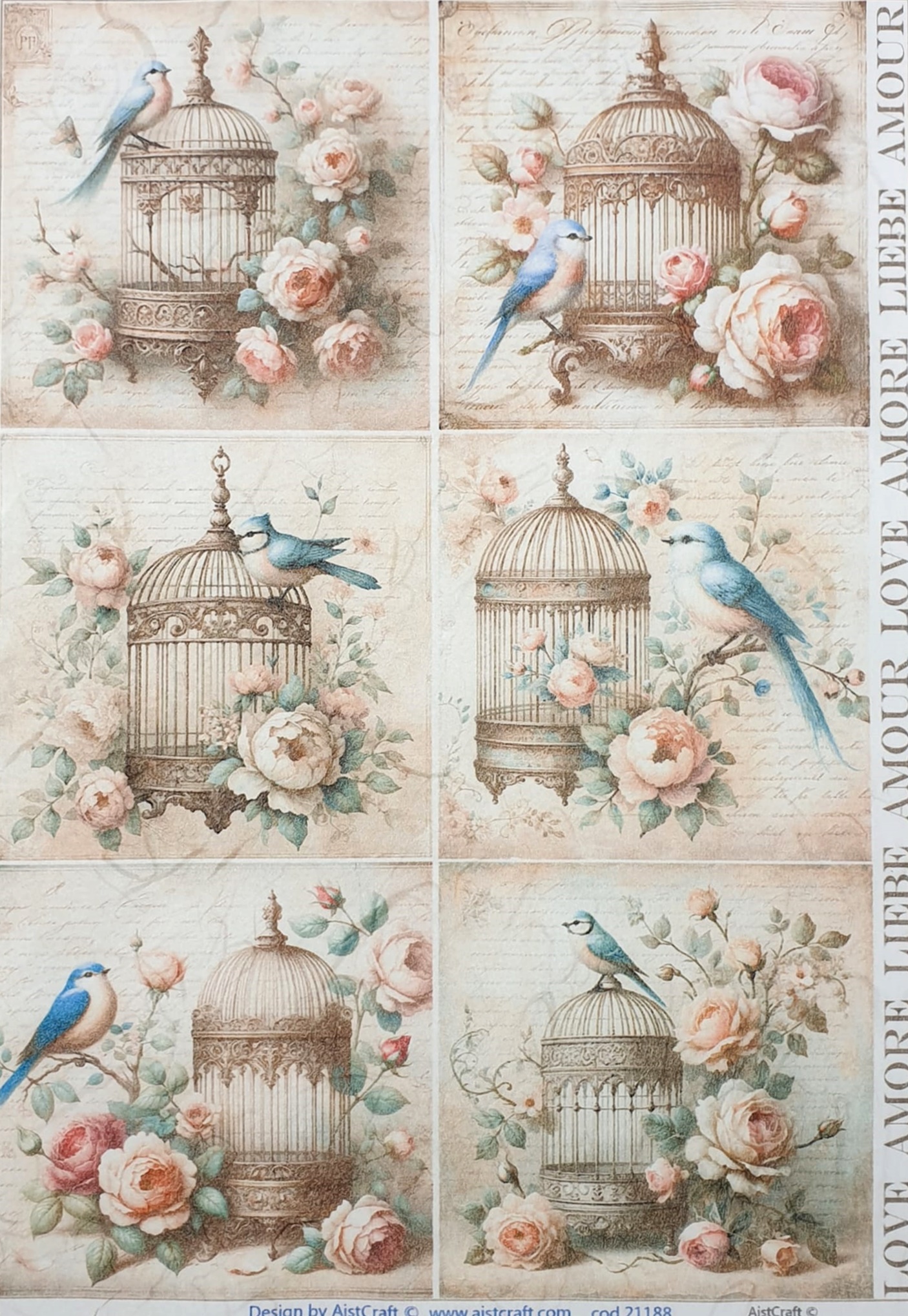 Hârtie de orez - Retro Roses and Birds - A4 1 Hârtie de orez - Retro Roses and Birds - A4