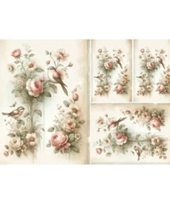 Hârtie de orez - Roses Birds Shabby - A4