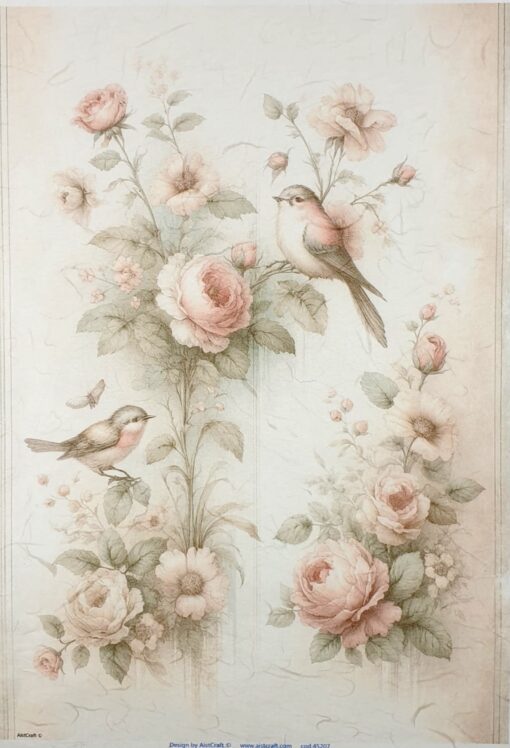 Hârtie de orez -Shabby Roses and Birds - 32x45 cm 1
